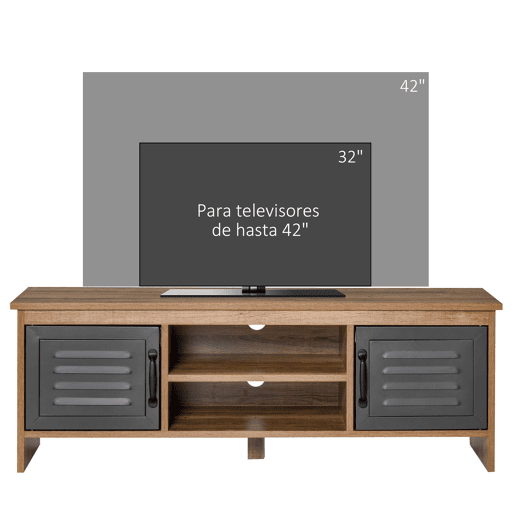 Móvel para TV de 42 com 2 compartimentos fechados com portas metálicas e 2 prateleiras abertas. Móvel moderno para sala de estar. Mesa para TV 109x35x38 cm. Madeira natural e cinza.