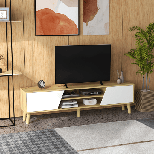 Móvel para TV de sala de estar com 2 portas, 2 prateleiras e 5 pés para TVs de até 65 polegadas, ideal para quarto, 150x30x42 cm, Carvalho. Móvel para TV de sala de estar com 2 portas, 2 prateleiras e 5 pés para TVs de até 65 polegadas, ideal para quarto, 150x30x42 cm, Carvalho.