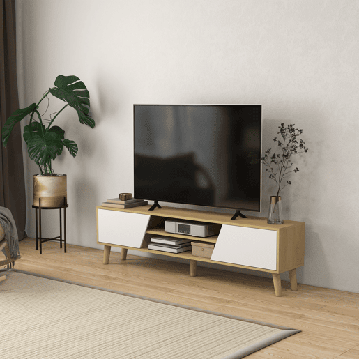 Móvel para TV de sala de estar com 2 portas, 2 prateleiras e 5 pés para TVs de até 65 polegadas, ideal para quarto, 150x30x42 cm, Carvalho. Móvel para TV de sala de estar com 2 portas, 2 prateleiras e 5 pés para TVs de até 65 polegadas, ideal para quarto, 150x30x42 cm, Carvalho.