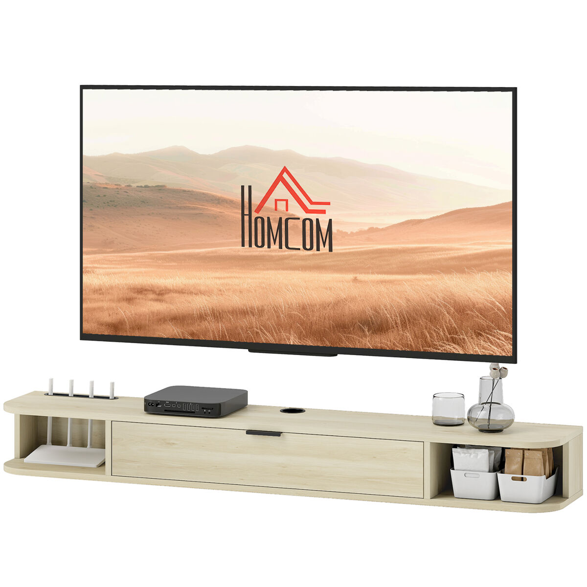mueble de tv suspendido con cajon abatible 2 estantes abiertos gestion de cables 140x24x16 cm madera natural