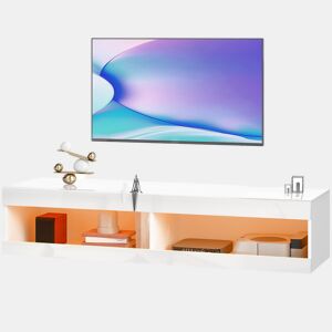 Móvel suspenso para TV com luzes LED e controle remoto, compartimentos, orifícios para gerenciamento de cabos, 140x40x30 cm, branco brilhante.