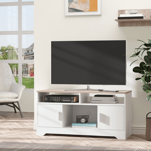 Móvel para TV, mesa de TV para sala de estar com amplo espaço de armazenamento e prateleiras abertas, 105x40x52 cm, branco Móvel para TV, mesa de TV para sala de estar com amplo espaço de armazenamento e prateleiras abertas, 105x40x52 cm, branco