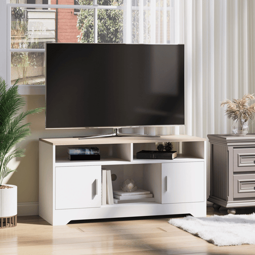 Móvel para TV, mesa de TV para sala de estar com amplo espaço de armazenamento e prateleiras abertas, 105x40x52 cm, branco Móvel para TV, mesa de TV para sala de estar com amplo espaço de armazenamento e prateleiras abertas, 105x40x52 cm, branco