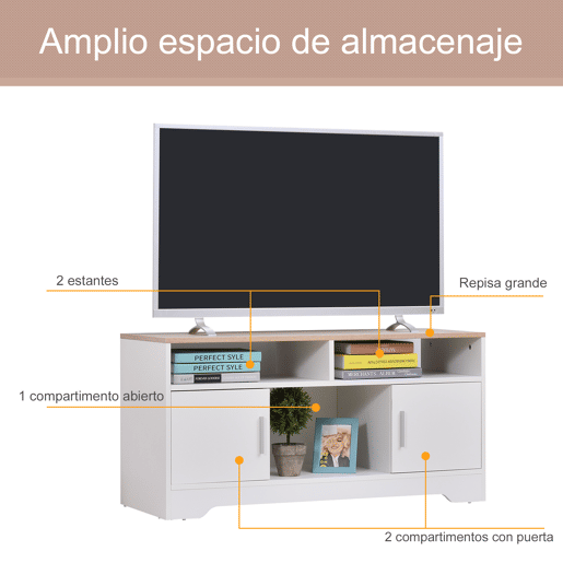 Móvel para TV, mesa de TV para sala de estar com amplo espaço de armazenamento e prateleiras abertas, 105x40x52 cm, branco Móvel para TV, mesa de TV para sala de estar com amplo espaço de armazenamento e prateleiras abertas, 105x40x52 cm, branco