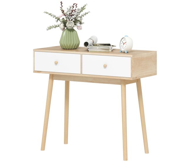 Mesa consola con 2 cajones diseño moderno en roble y blanco para entrada salón o pasillo 86x35x75 cm