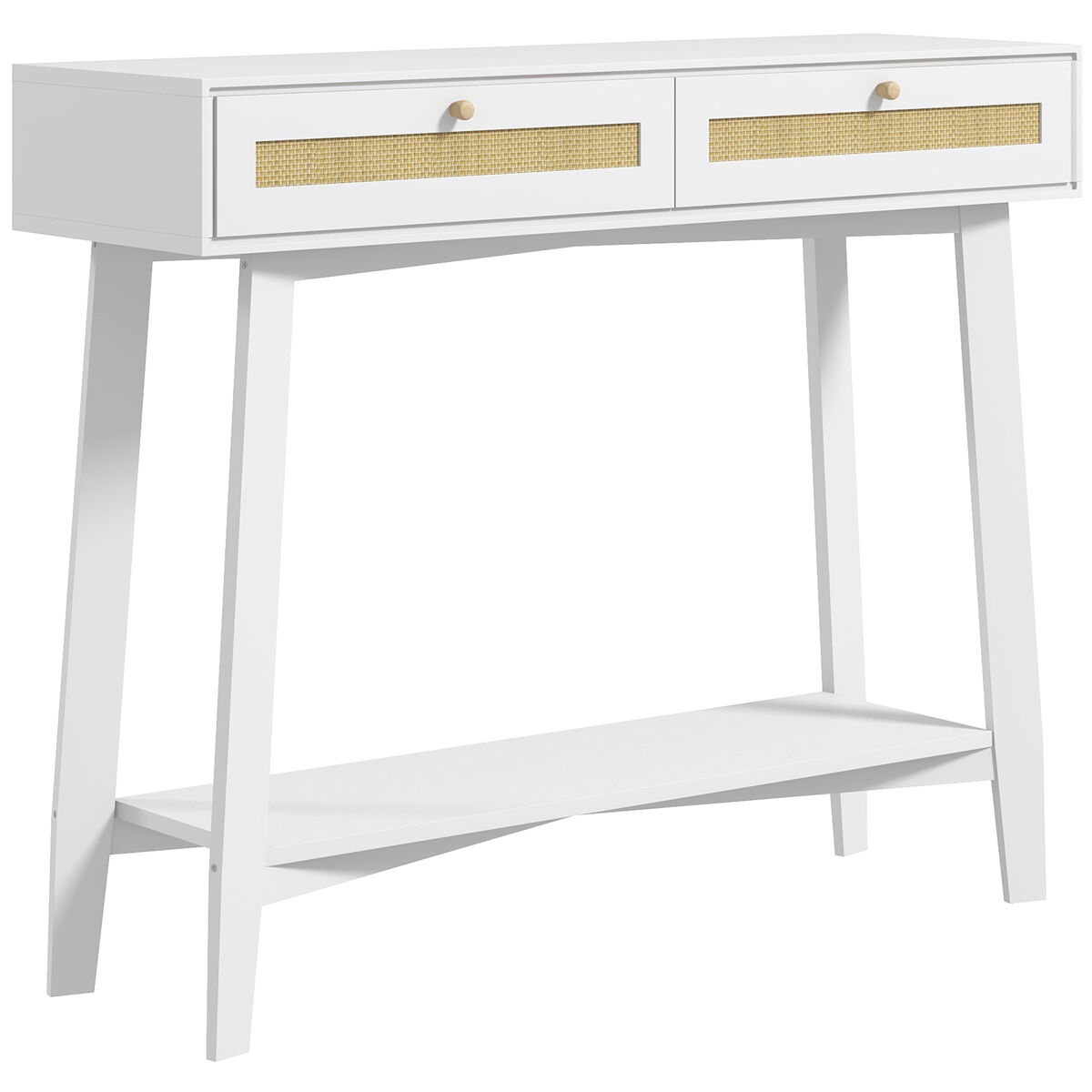 Consola recibidor mesa de entrada con 2 cajones de diseño de ratán y estante abierto para pasillo 100x30x81 cm blanco