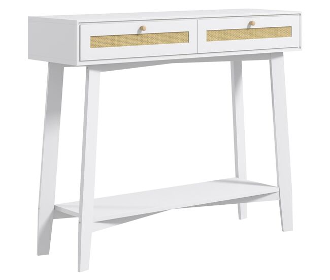 Consola recibidor mesa de entrada con 2 cajones de diseño de ratán y estante abierto para pasillo 100x30x81 cm blanco