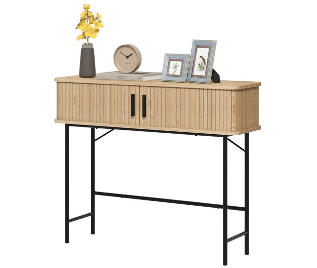 Consola vintage mesa de pasillo con 2 puertas correderas de tambor tipo persiana 100x30x80 cm roble y negro