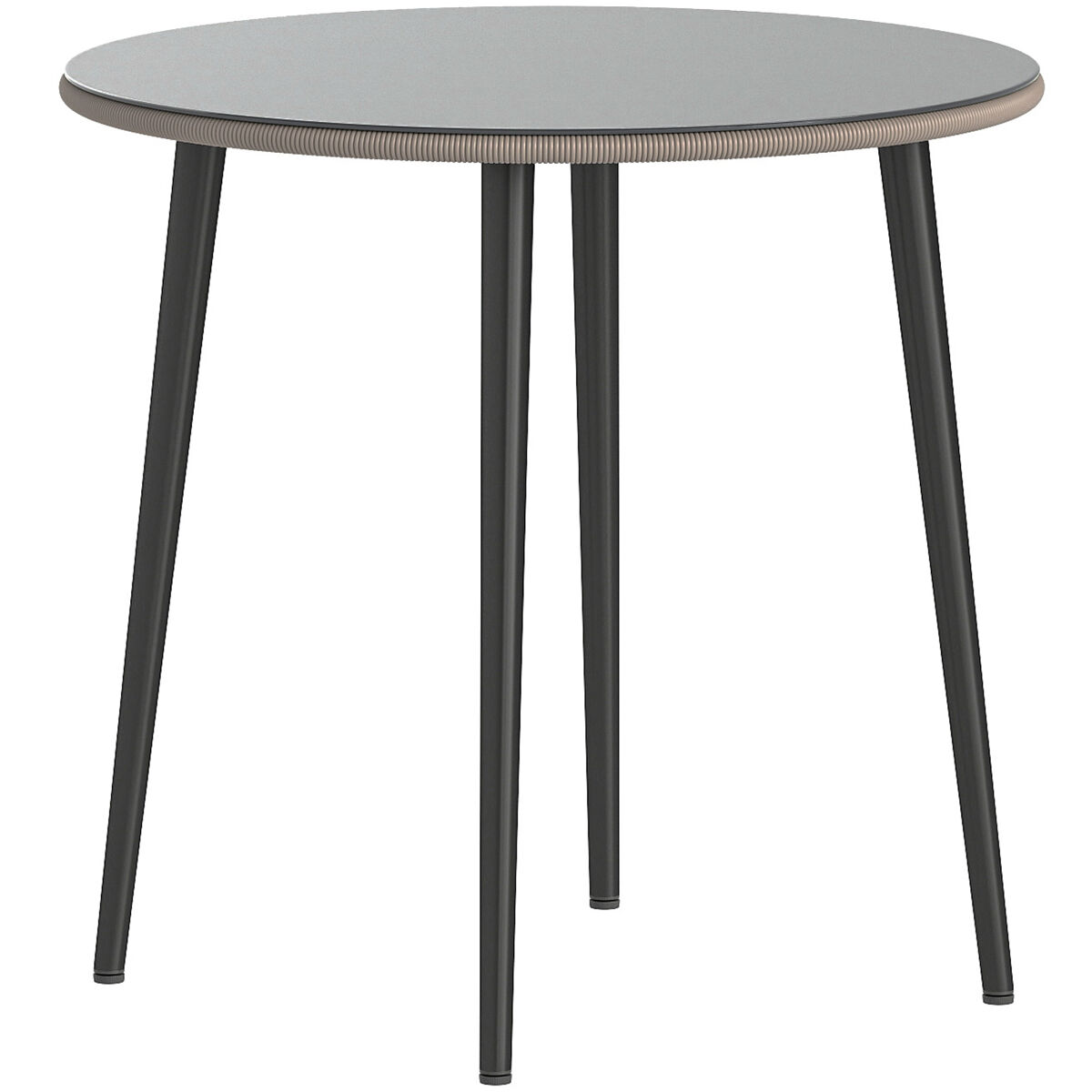 Mesa de comedor de jardín con tablero de vidrio templado con borde de ratán estructura de acero 80x80x74 cm gris
