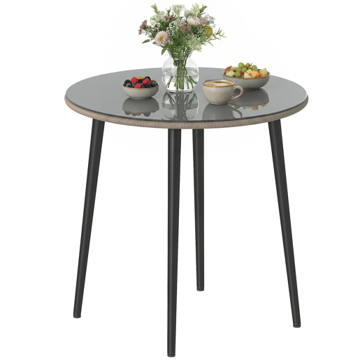 Mesa de jantar para jardim com tampo de vidro temperado e borda de rattan, estrutura de aço, 80x80x74 cm, cinza. Mesa de jantar para jardim com tampo de vidro temperado e borda de rattan, estrutura de aço, 80x80x74 cm, cinza.