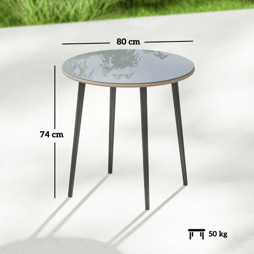 Mesa de jantar para jardim com tampo de vidro temperado e borda de rattan, estrutura de aço, 80x80x74 cm, cinza. Mesa de jantar para jardim com tampo de vidro temperado e borda de rattan, estrutura de aço, 80x80x74 cm, cinza.
