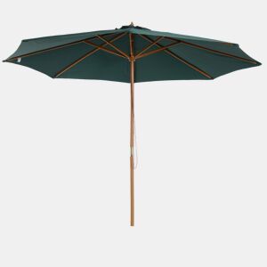 Guarda-sol Ø300x250 cm com mastro de madeira e sistema de polias para jardim, pátio, terraço, verde