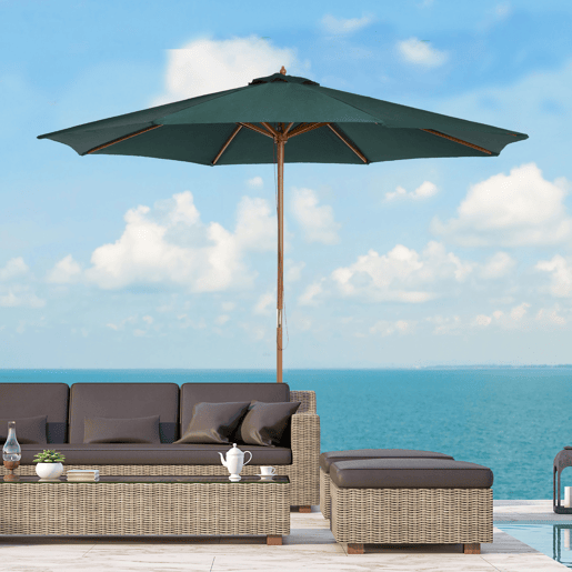 Guarda-sol Ø300x250 cm com mastro de madeira e sistema de polias para jardim, pátio, terraço, verde Guarda-sol Ø300x250 cm com mastro de madeira e sistema de polias para jardim, pátio, terraço, verde