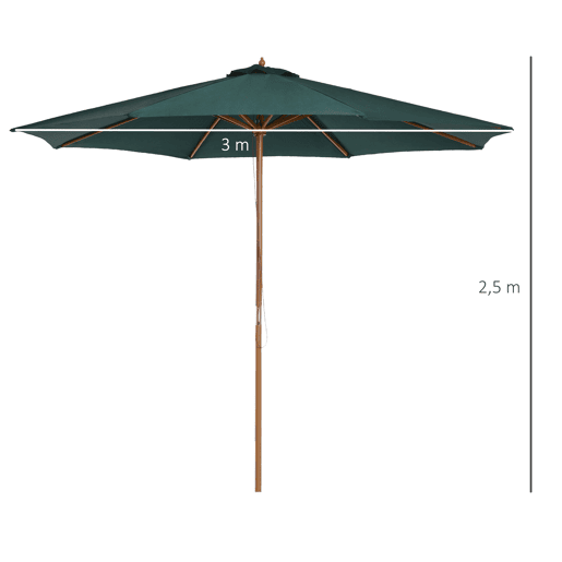 Guarda-sol Ø300x250 cm com mastro de madeira e sistema de polias para jardim, pátio, terraço, verde Guarda-sol Ø300x250 cm com mastro de madeira e sistema de polias para jardim, pátio, terraço, verde