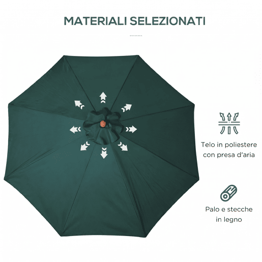 Guarda-sol Ø300x250 cm com mastro de madeira e sistema de polias para jardim, pátio, terraço, verde Guarda-sol Ø300x250 cm com mastro de madeira e sistema de polias para jardim, pátio, terraço, verde