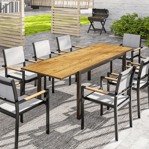 Mesa de jantar extensível para exterior, 160-240 cm, para 6-8 pessoas, mesa retangular para jardim ou terraço, castanha. Mesa de jantar extensível para exterior, 160-240 cm, para 6-8 pessoas, mesa retangular para jardim ou terraço, castanha.