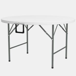 Mesa lateral redonda dobrável para jardim com estrutura de aço e tampo em HDPE, capacidade de carga de 80 kg, Ø122x73 cm, branca.