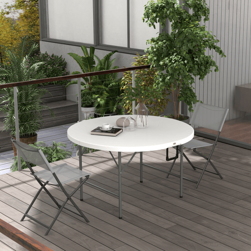 Mesa lateral redonda dobrável para jardim com estrutura de aço e tampo em HDPE, capacidade de carga de 80 kg, Ø122x73 cm, branca. Mesa lateral redonda dobrável para jardim com estrutura de aço e tampo em HDPE, capacidade de carga de 80 kg, Ø122x73 cm, branca.