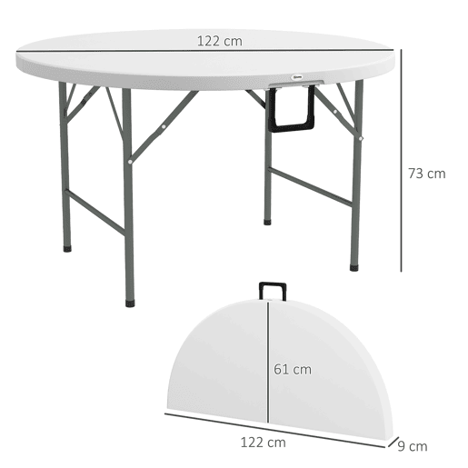 Mesa lateral redonda dobrável para jardim com estrutura de aço e tampo em HDPE, capacidade de carga de 80 kg, Ø122x73 cm, branca. Mesa lateral redonda dobrável para jardim com estrutura de aço e tampo em HDPE, capacidade de carga de 80 kg, Ø122x73 cm, branca.
