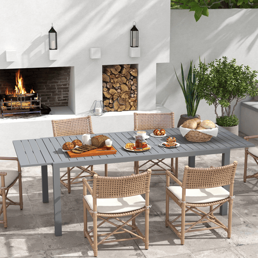Mesa de jantar externa para 6 a 8 pessoas com estrutura de alumínio, 180240x94x73 cm, cinza escuro. Mesa de jantar externa para 6 a 8 pessoas com estrutura de alumínio, 180240x94x73 cm, cinza escuro.