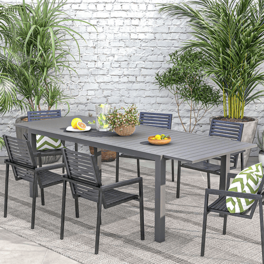 Mesa de jantar externa para 6 a 8 pessoas com estrutura de alumínio, 180240x94x73 cm, cinza escuro. Mesa de jantar externa para 6 a 8 pessoas com estrutura de alumínio, 180240x94x73 cm, cinza escuro.