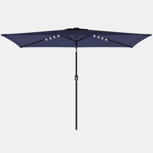 Guarda-sol de jardim com 24 luzes solares LED, cobertura inclinável, mastro de metal, 2,9 x 2,5 m, azul escuro