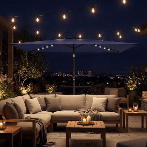 Guarda-sol de jardim com 24 luzes solares LED, cobertura inclinável, mastro de metal, 2,9 x 2,5 m, azul escuro Guarda-sol de jardim com 24 luzes solares LED, cobertura inclinável, mastro de metal, 2,9 x 2,5 m, azul escuro