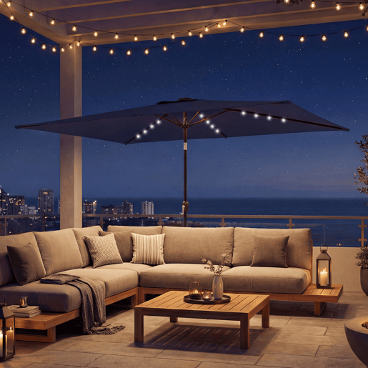 Guarda-sol de jardim com 24 luzes solares LED, cobertura inclinável, mastro de metal, 2,9 x 2,5 m, azul escuro Guarda-sol de jardim com 24 luzes solares LED, cobertura inclinável, mastro de metal, 2,9 x 2,5 m, azul escuro