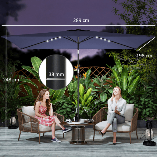 Guarda-sol de jardim com 24 luzes solares LED, cobertura inclinável, mastro de metal, 2,9 x 2,5 m, azul escuro Guarda-sol de jardim com 24 luzes solares LED, cobertura inclinável, mastro de metal, 2,9 x 2,5 m, azul escuro