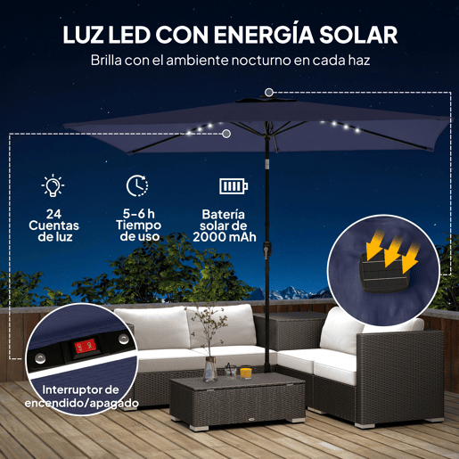 Guarda-sol de jardim com 24 luzes solares LED, cobertura inclinável, mastro de metal, 2,9 x 2,5 m, azul escuro Guarda-sol de jardim com 24 luzes solares LED, cobertura inclinável, mastro de metal, 2,9 x 2,5 m, azul escuro