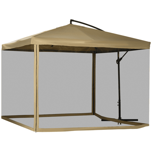 Guarda-sol de jardim excêntrico 296x296x265 cm com manivela, mosquiteiro e base em cruz para terraço e pátio, cor bege