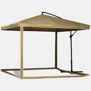 Guarda-sol de jardim excêntrico 296x296x265 cm com manivela, mosquiteiro e base em cruz para terraço e pátio, cor bege