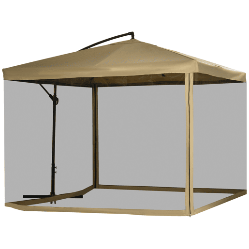 Guarda-sol de jardim excêntrico 296x296x265 cm com manivela, mosquiteiro e base em cruz para terraço e pátio, cor bege
