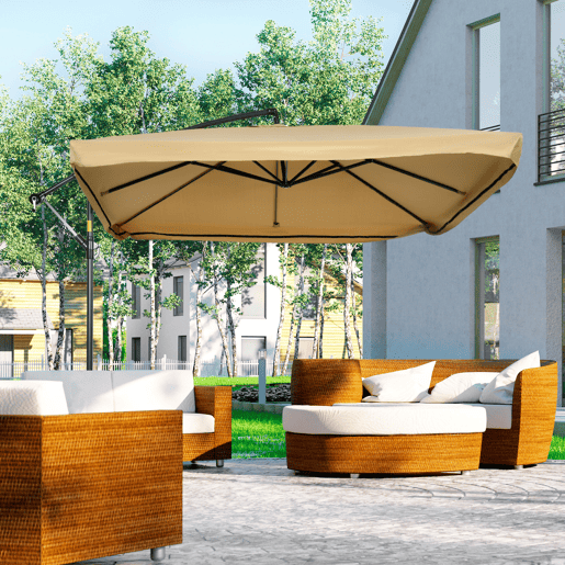 Guarda-sol de jardim excêntrico 296x296x265 cm com manivela, mosquiteiro e base em cruz para terraço e pátio, cor bege