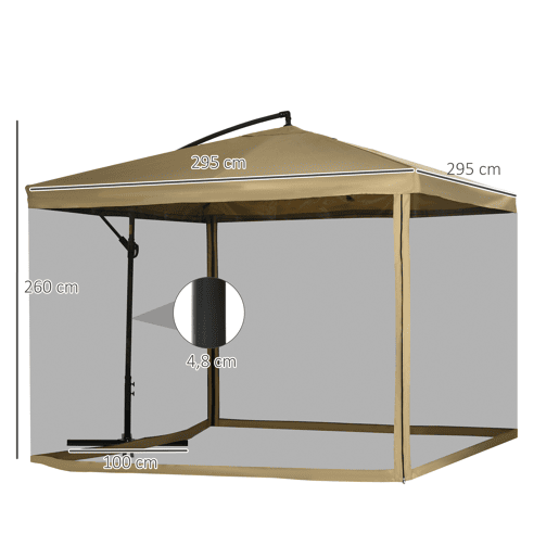 Guarda-sol de jardim excêntrico 296x296x265 cm com manivela, mosquiteiro e base em cruz para terraço e pátio, cor bege