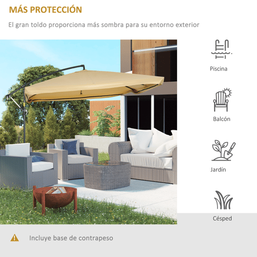 Guarda-sol de jardim excêntrico 296x296x265 cm com manivela, mosquiteiro e base em cruz para terraço e pátio, cor bege