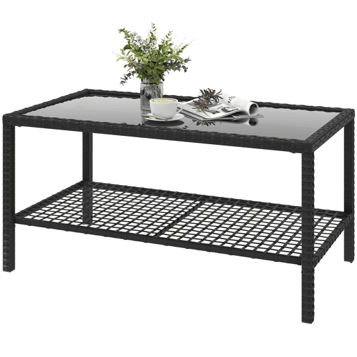 Mesa lateral de jardim em rattan com prateleira, tampo de vidro temperado e estrutura de aço, 92x50x45 cm, preta. Mesa lateral de jardim em rattan com prateleira, tampo de vidro temperado e estrutura de aço, 92x50x45 cm, preta.