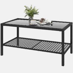Mesa lateral de jardim em rattan com prateleira, tampo de vidro temperado e estrutura de aço, 92x50x45 cm, preta.