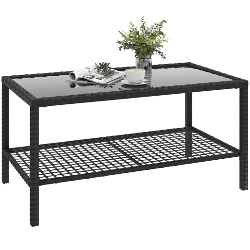 Mesa lateral de jardim em rattan com prateleira, tampo de vidro temperado e estrutura de aço, 92x50x45 cm, preta. Mesa lateral de jardim em rattan com prateleira, tampo de vidro temperado e estrutura de aço, 92x50x45 cm, preta.