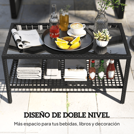 Mesa lateral de jardim em rattan com prateleira, tampo de vidro temperado e estrutura de aço, 92x50x45 cm, preta. Mesa lateral de jardim em rattan com prateleira, tampo de vidro temperado e estrutura de aço, 92x50x45 cm, preta.