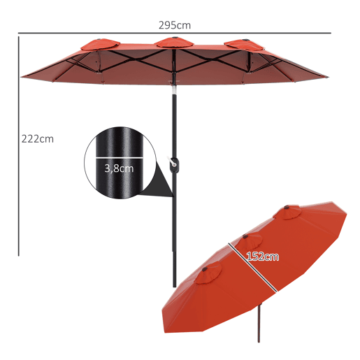 Guarda-sol duplo de jardim 295x152x222 cm com inclinação de 45° e manivela manual para terraço, varanda e piscina, vermelho. Guarda-sol duplo de jardim 295x152x222 cm com inclinação de 45° e manivela manual para terraço, varanda e piscina, vermelho.