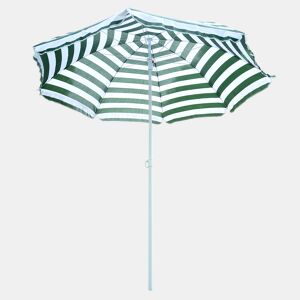 Guarda-sol de praia Ø180 cm com teto inclinável e mastro de metal, proteção solar para jardim, terraço e áreas externas, listras verdes e brancas.