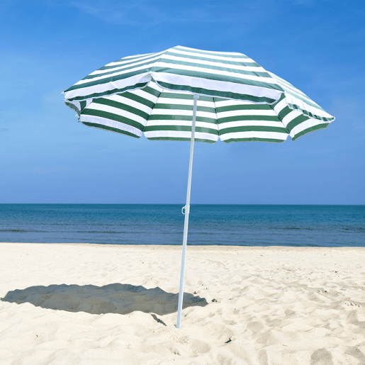 Guarda-sol de praia Ø180 cm com teto inclinável e mastro de metal, proteção solar para jardim, terraço e áreas externas, listras verdes e brancas. Guarda-sol de praia Ø180 cm com teto inclinável e mastro de metal, proteção solar para jardim, terraço e áreas externas, listras verdes e brancas.