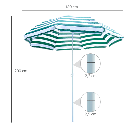 Guarda-sol de praia Ø180 cm com teto inclinável e mastro de metal, proteção solar para jardim, terraço e áreas externas, listras verdes e brancas. Guarda-sol de praia Ø180 cm com teto inclinável e mastro de metal, proteção solar para jardim, terraço e áreas externas, listras verdes e brancas.