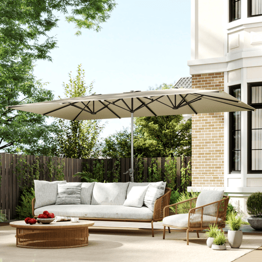 Guarda-sol duplo para terraço externo 4,5 x 2,6 m com manivela, impermeável e com proteção UV50+, cor creme.