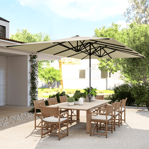 Guarda-sol duplo para terraço externo 4,5 x 2,6 m com manivela, impermeável e com proteção UV50+, cor creme.