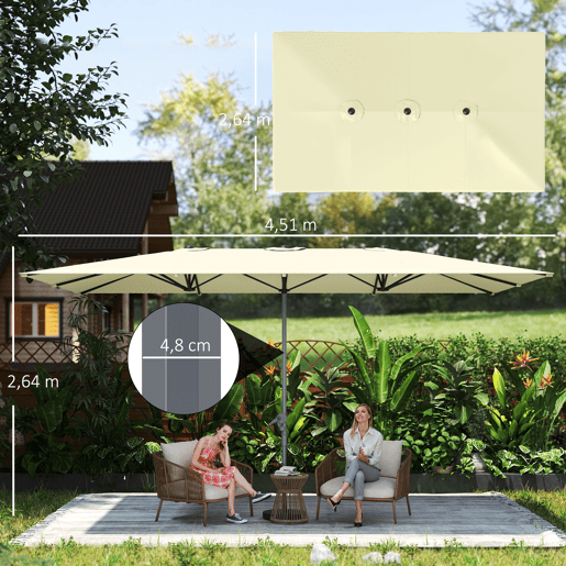 Guarda-sol duplo para terraço externo 4,5 x 2,6 m com manivela, impermeável e com proteção UV50+, cor creme.