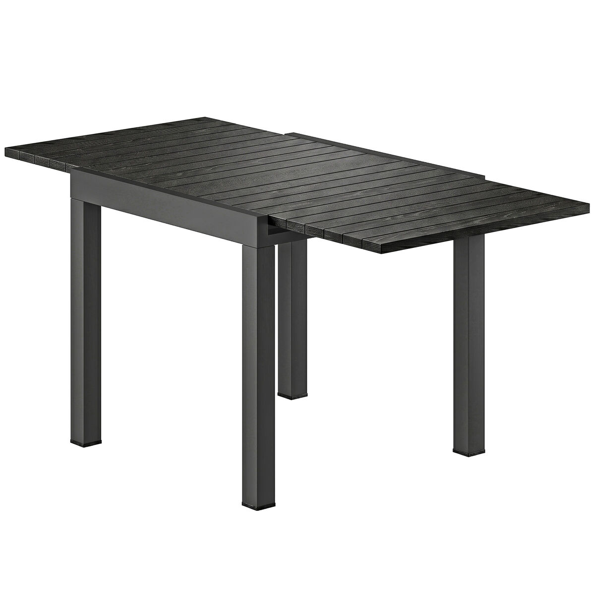 Mesa de comedor exterior extensible 80/160 cm para 4-6 personas de aluminio con tapa de listones efecto madera negro