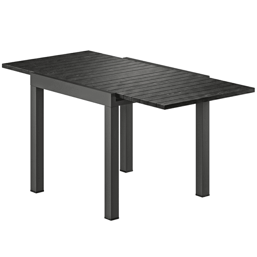 Mesa de jantar extensível para exterior, 80160 cm, para 4 a 6 pessoas, em alumínio com tampo ripado, efeito madeira, preta. Mesa de jantar extensível para exterior, 80160 cm, para 4 a 6 pessoas, em alumínio com tampo ripado, efeito madeira, preta.