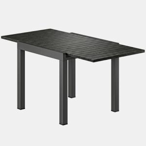 Mesa de jantar extensível para exterior, 80160 cm, para 4 a 6 pessoas, em alumínio com tampo ripado, efeito madeira, preta.